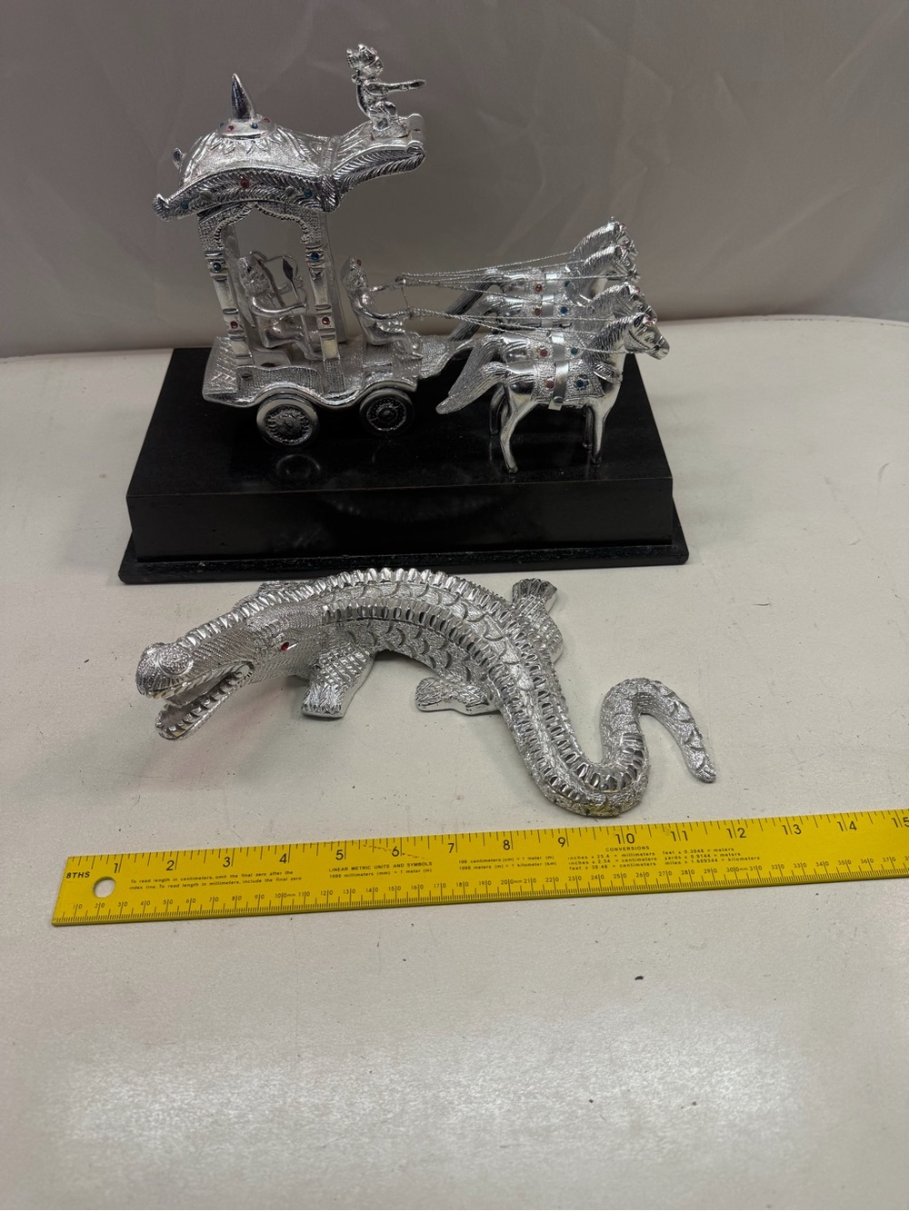 Vintage Indian Silver‑Tone Chariot Sculpture & Crocodile Figurine Hindu Folk Art